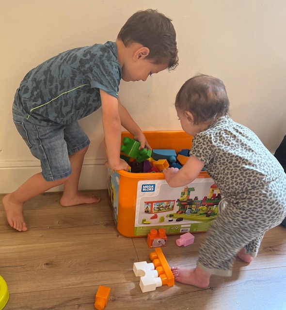 Twee kindjes spelen met blokjes.